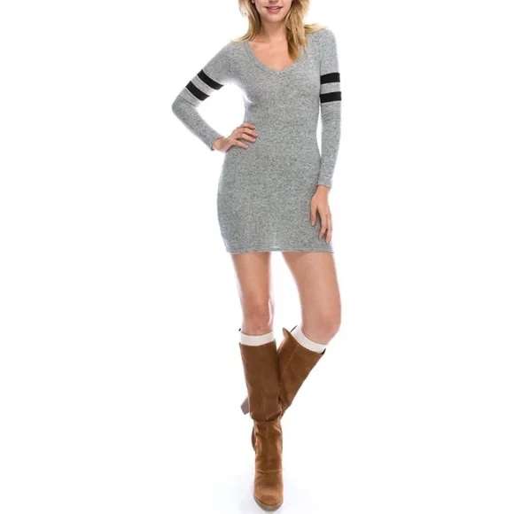 Stretch Knit Deep V Neck Long Sleeve Bodycon Sweater Dress - Picture 2 of 5
